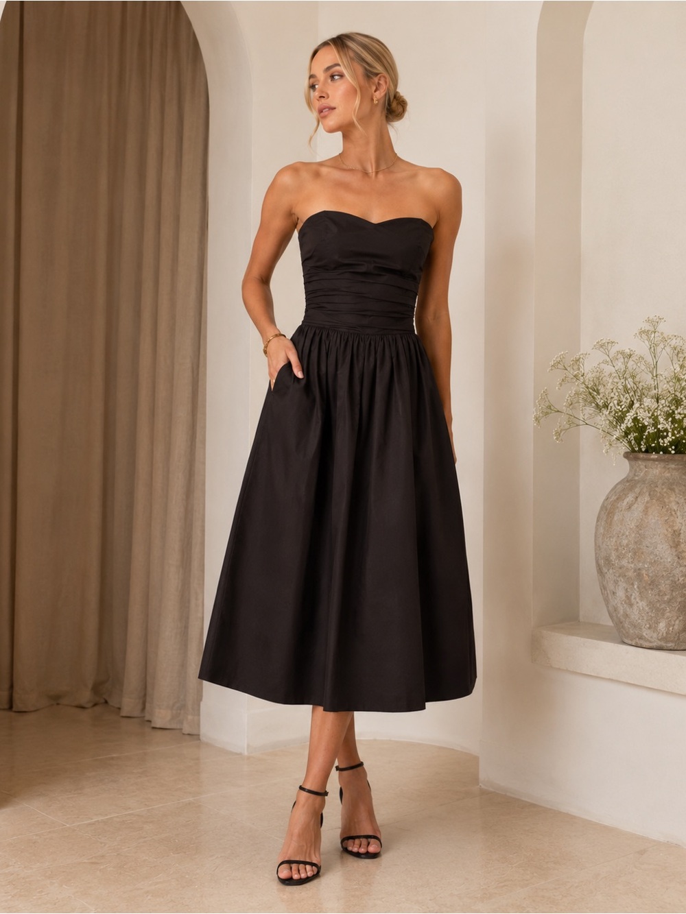 NWT rag & bone Black Strapless Pleated Midi Dress Cotton Woven Womens Sz XL